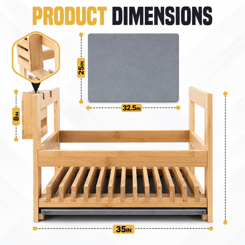 35-Inch Wooden Dish Rack with Drain Tray and Utensil Holder