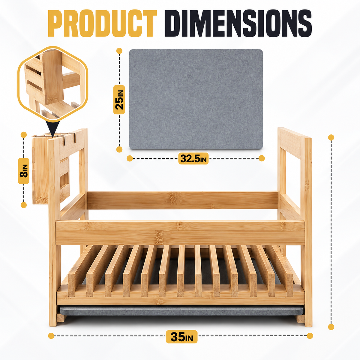 35-Inch Wooden Dish Rack with Drain Tray and Utensil Holder