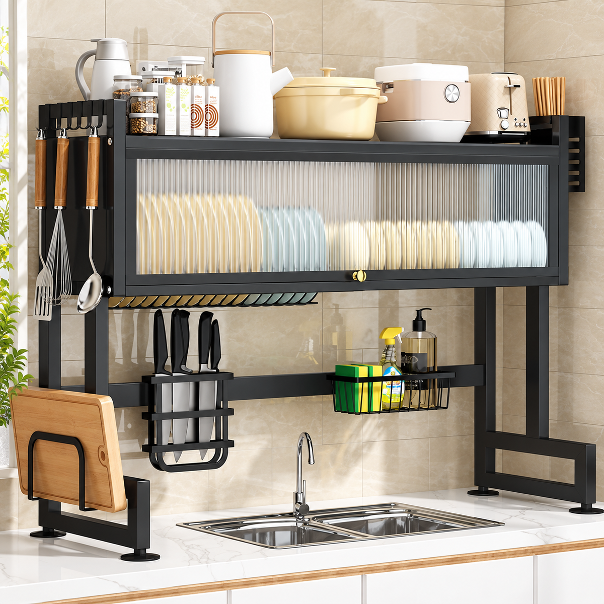 26-Inch Black Over-Sink Dish Rack with Covered Storage