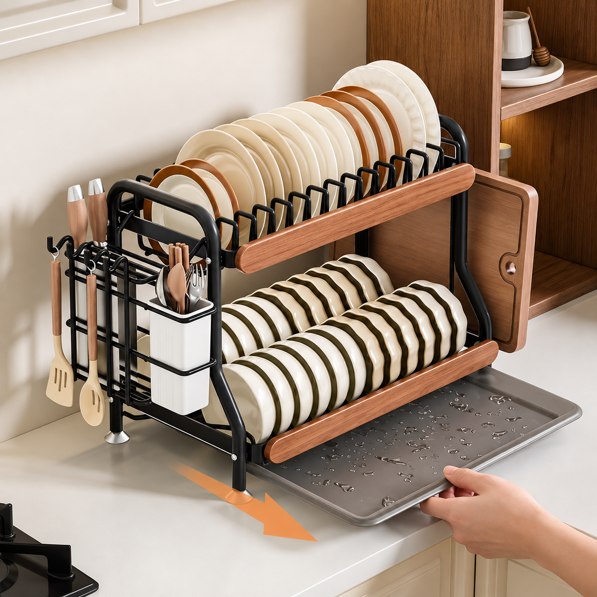 2-Tier Carbon Steel Dish Rack with Utensil Holder