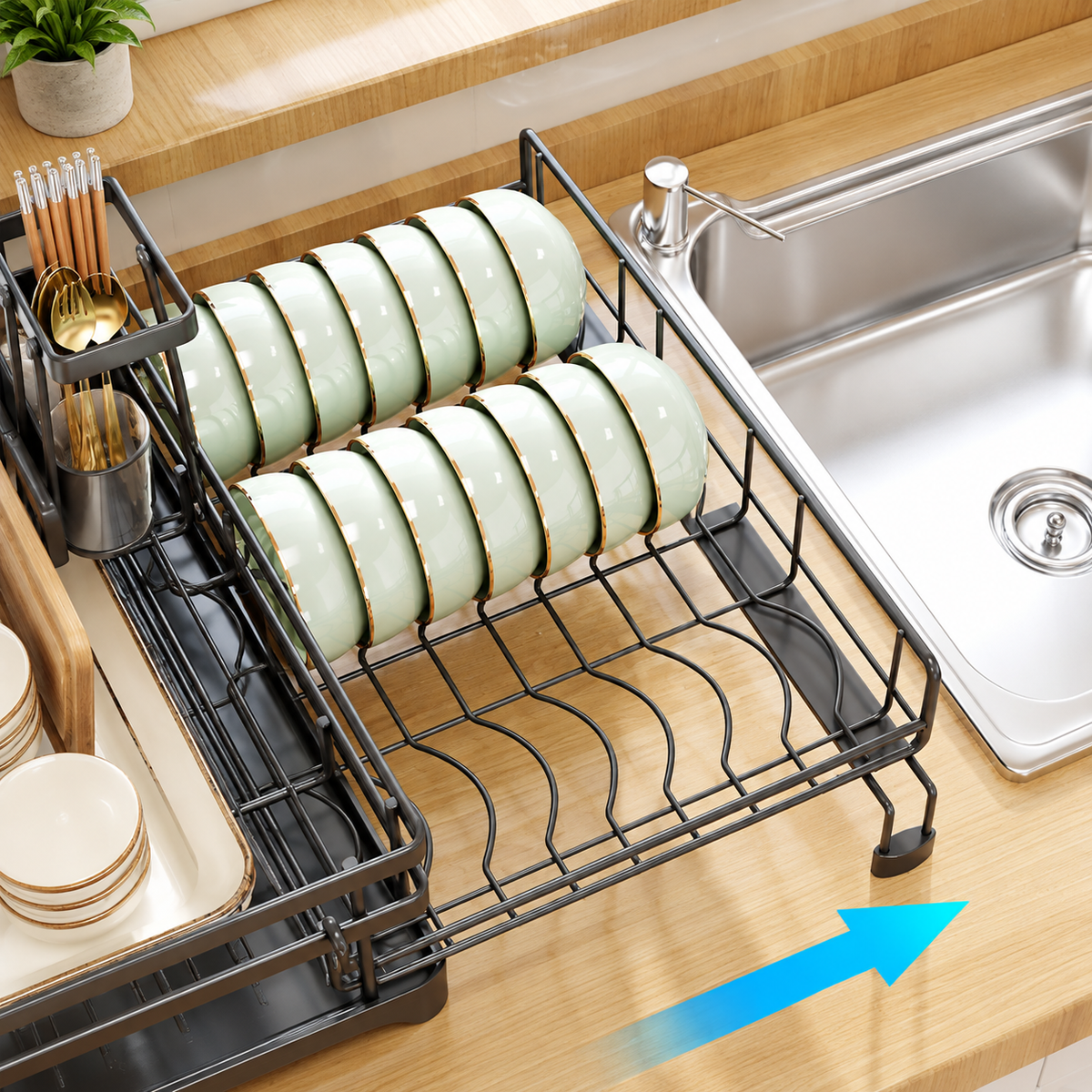 22-Inch Countertop Dish Rack with Expandable Storage