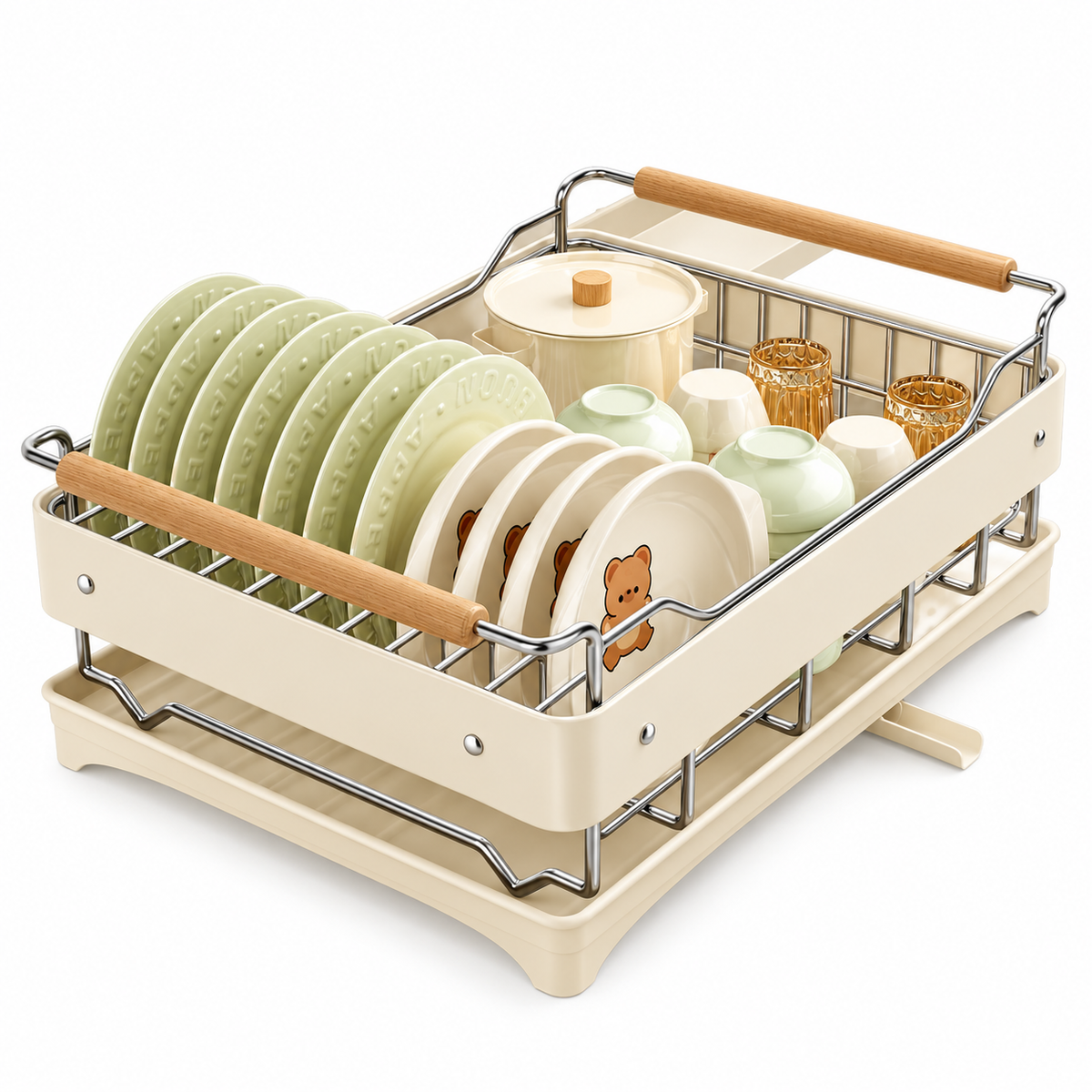 Countertop Dish Drying Rack with Drain Tray, Cream