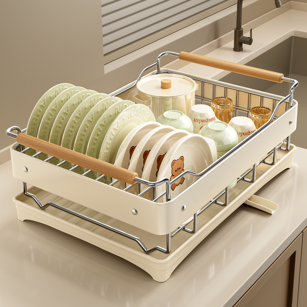 Countertop Dish Drying Rack with Drain Tray, Cream