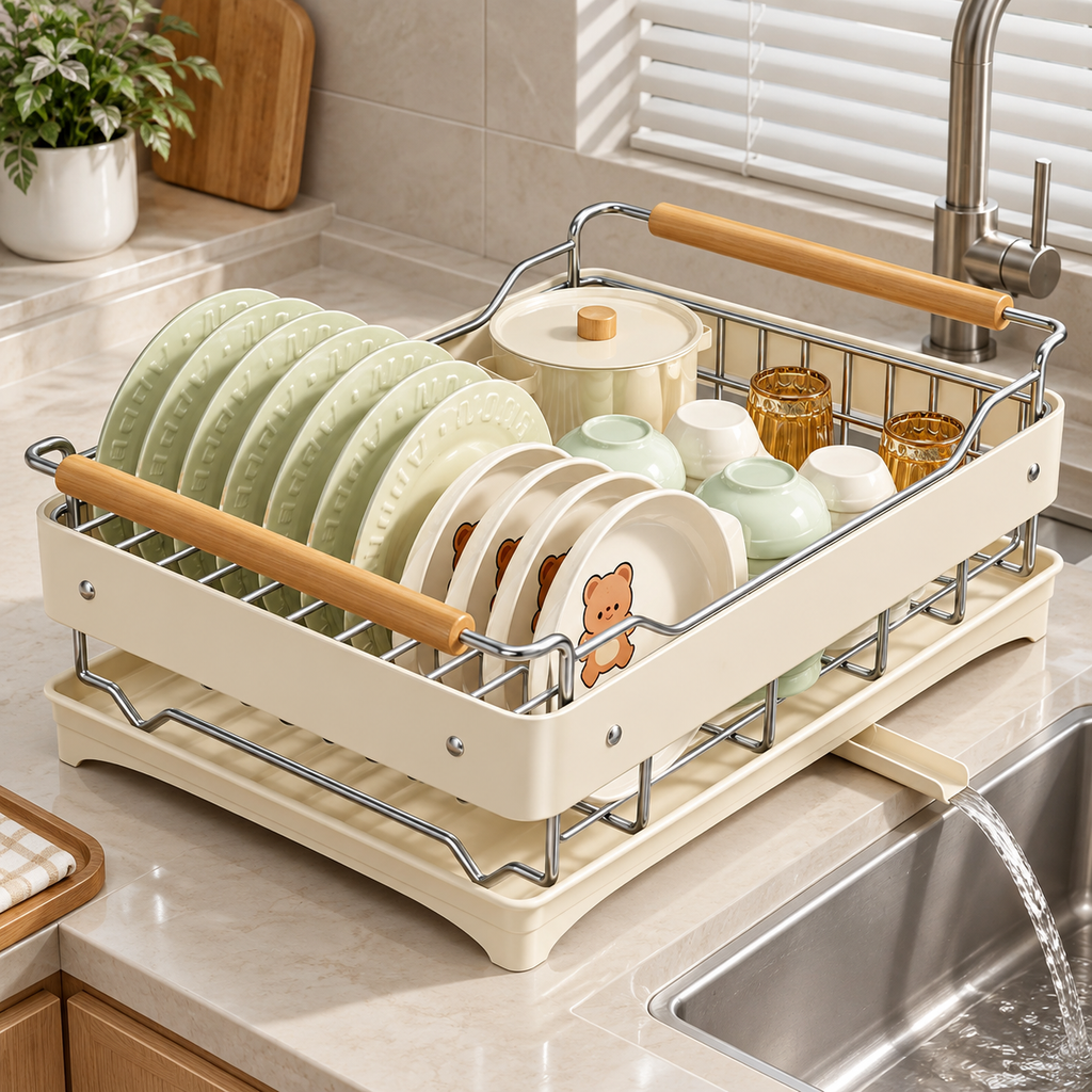 Countertop Dish Drying Rack with Drain Tray, Cream