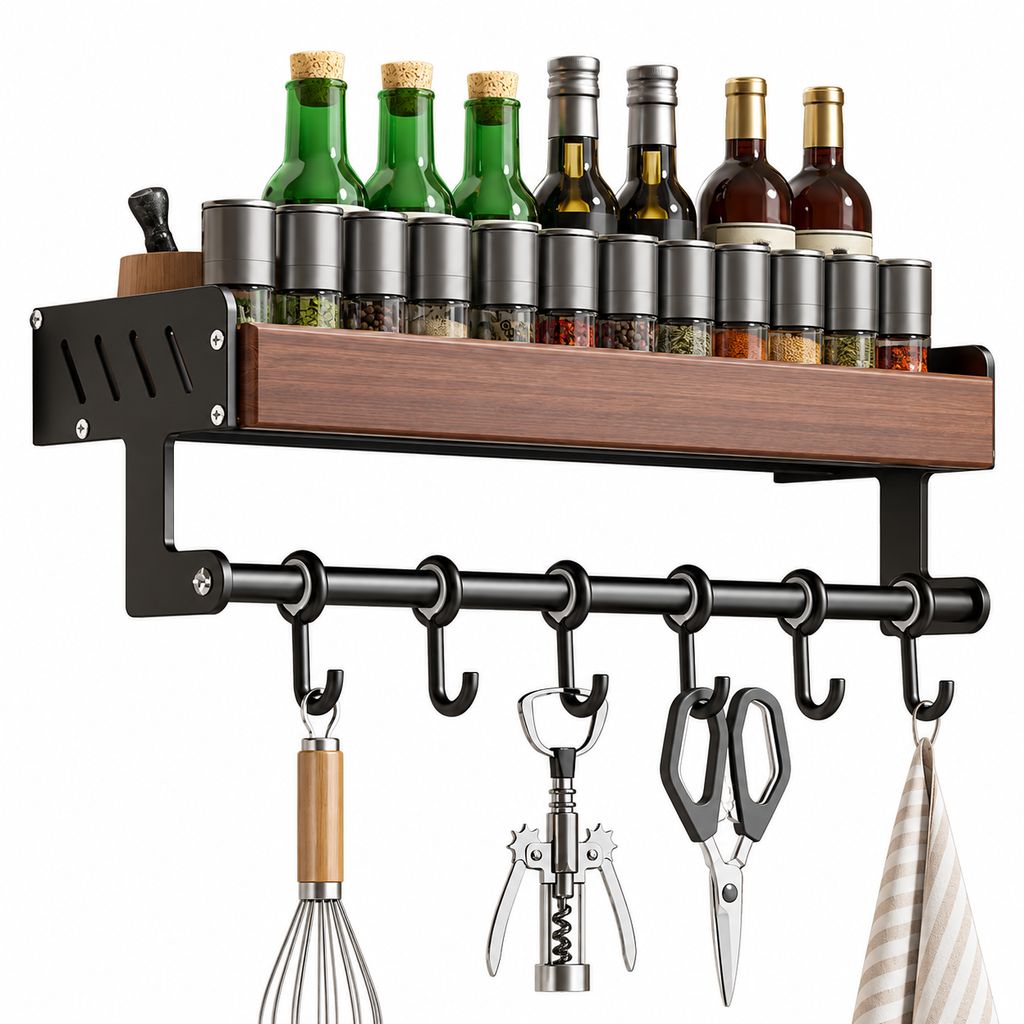 23.6-Inch Kitchen Wall Shelf with Hooks, Black