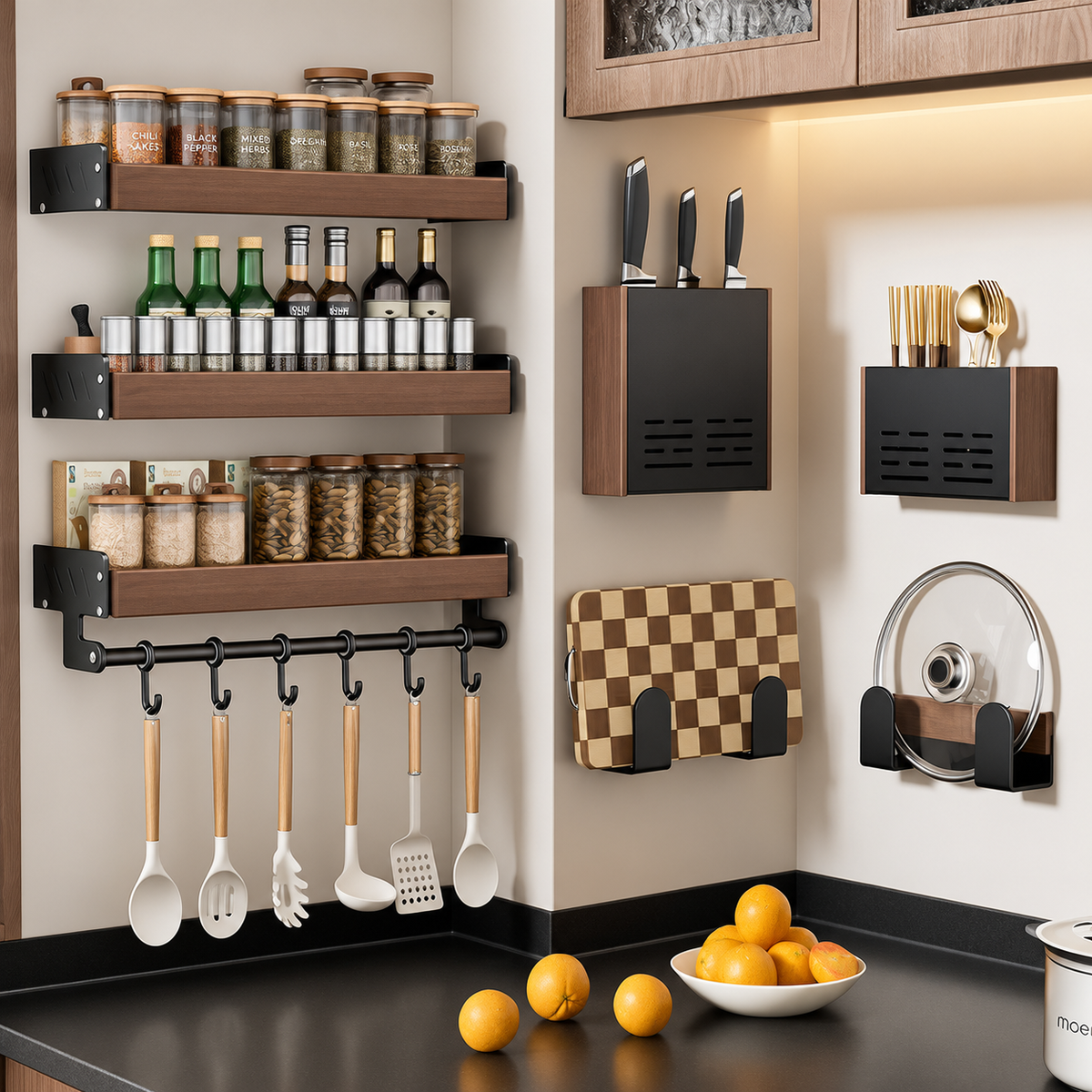 23.6-Inch Kitchen Wall Shelf with Hooks, Black