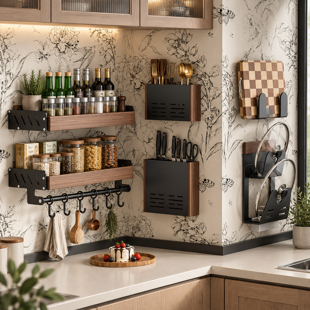 23.6-Inch Kitchen Wall Shelf with Hooks, Black