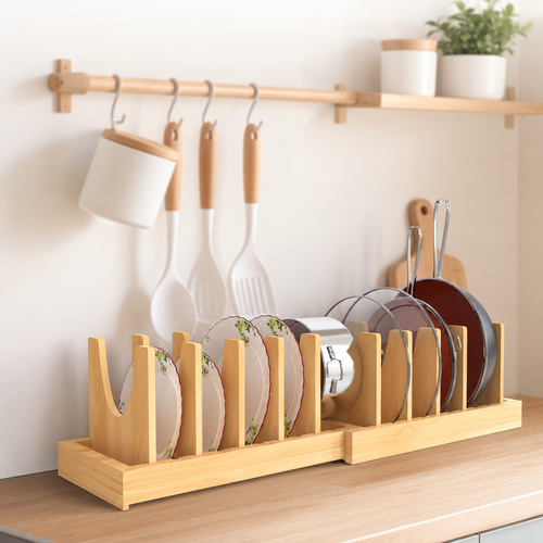 25.3-Inch Expandable Bamboo Plate and Pan Organizer