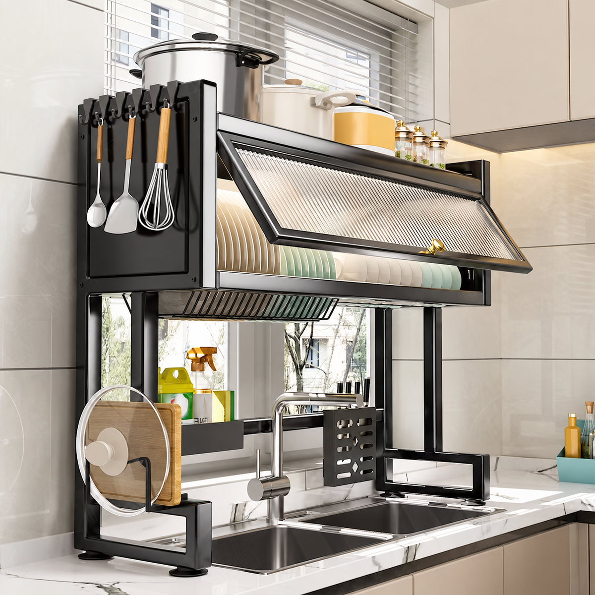 26-Inch Black Over-Sink Dish Rack with Covered Storage