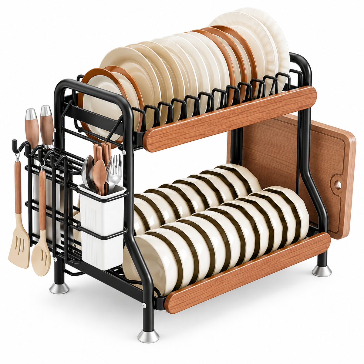 2-Tier Carbon Steel Dish Rack with Utensil Holder