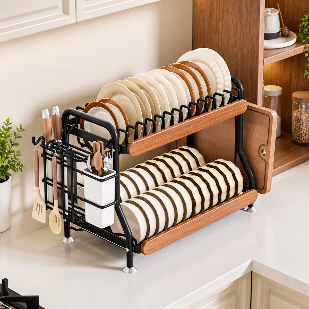 2-Tier Carbon Steel Dish Rack with Utensil Holder